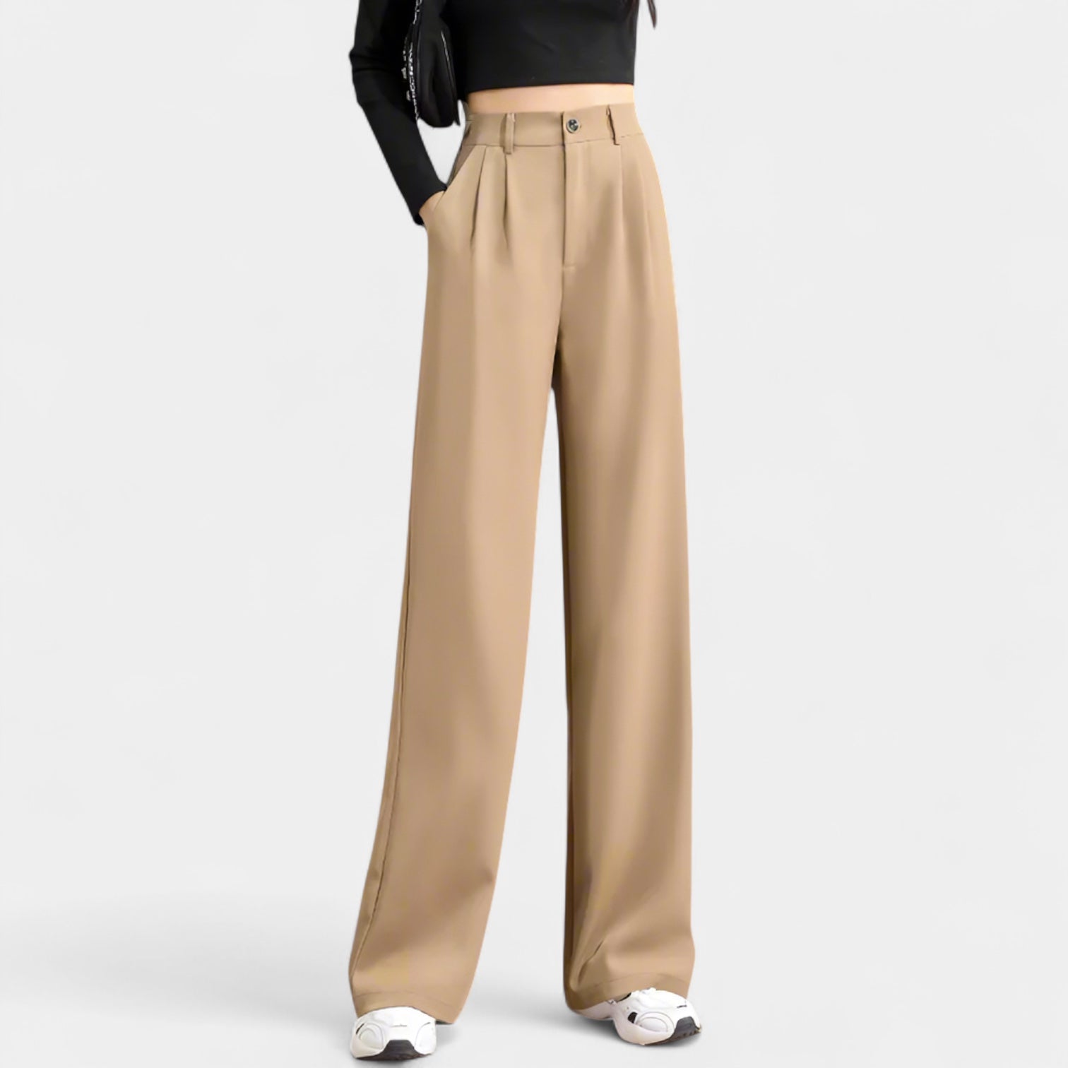Wide-Leg Full-Length Trousers for Women with Front Pleats and Slanted Pockets - Casual or Office Wear