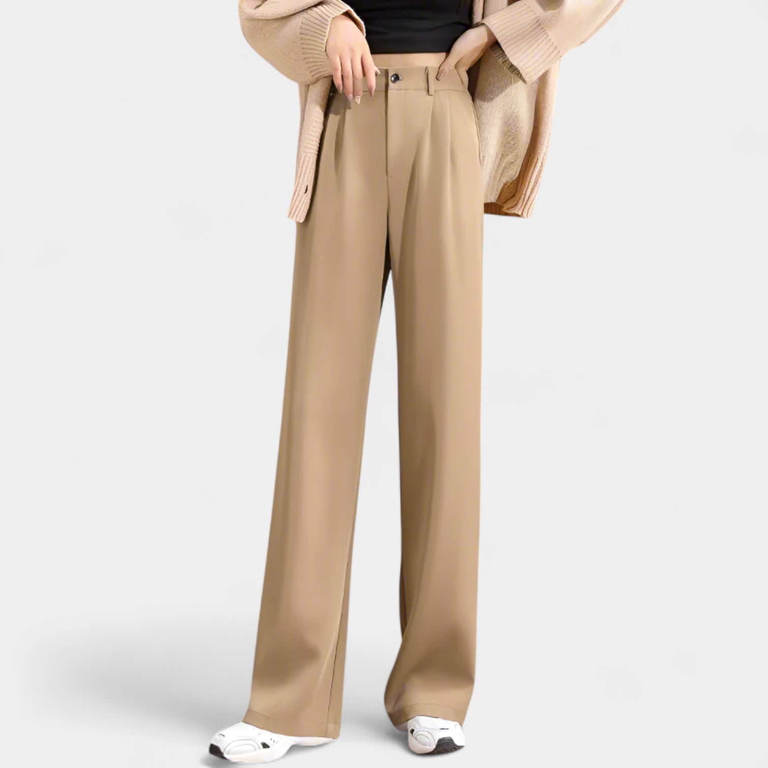 Wide-Leg Full-Length Trousers for Women with Front Pleats and Slanted Pockets - Casual or Office Wear