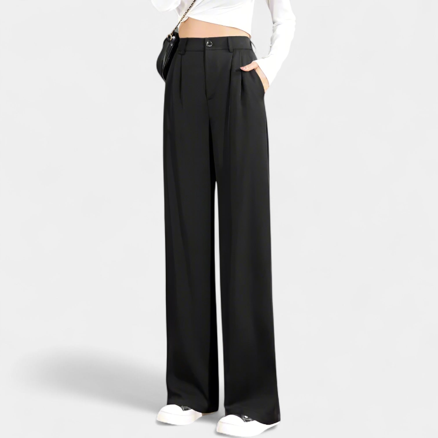 Wide-Leg Full-Length Trousers for Women with Front Pleats and Slanted Pockets - Casual or Office Wear