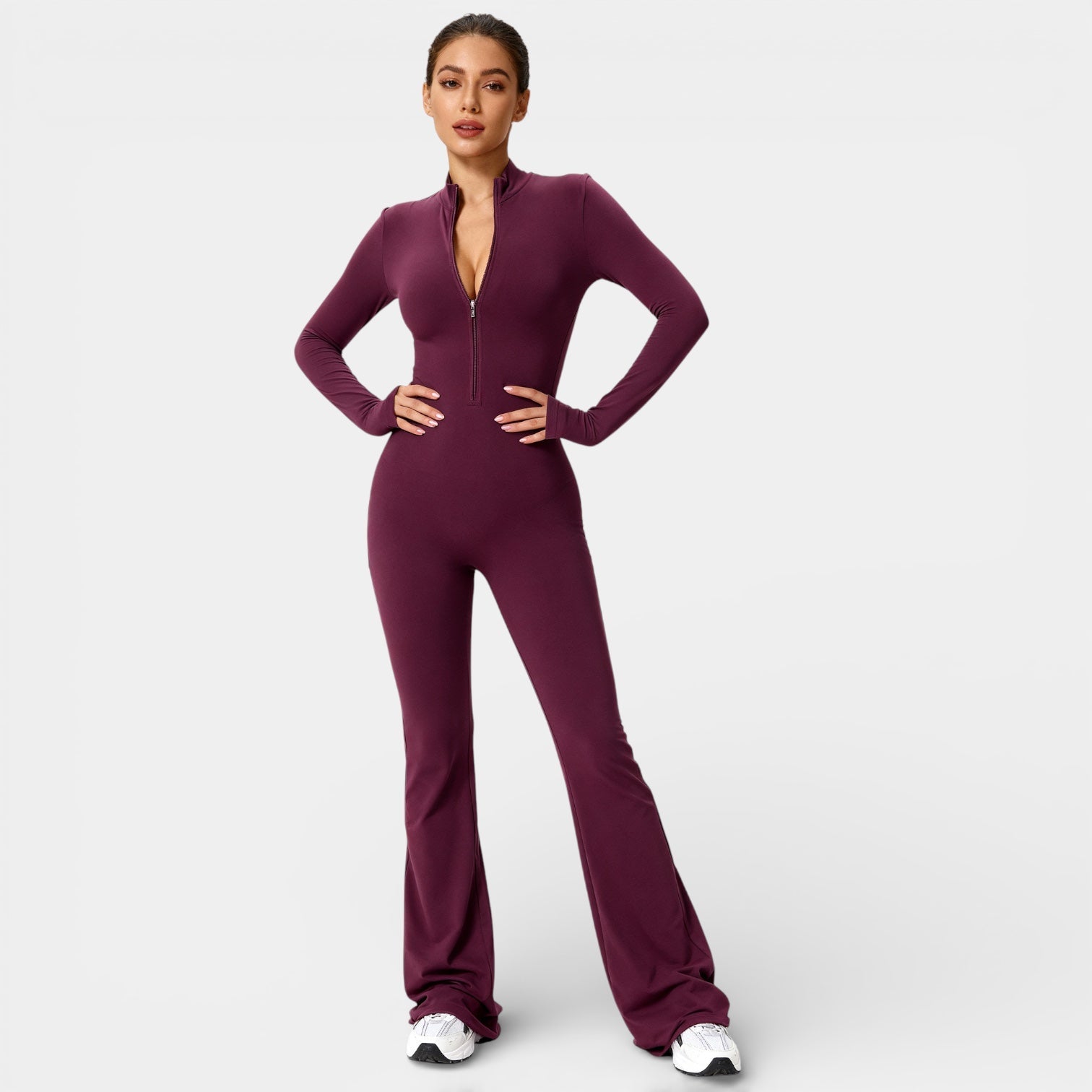 Women's Long Sleeve Zip Front Flared Jumpsuit - Sculpting Bodysuit for Casual or Dressy Occasions