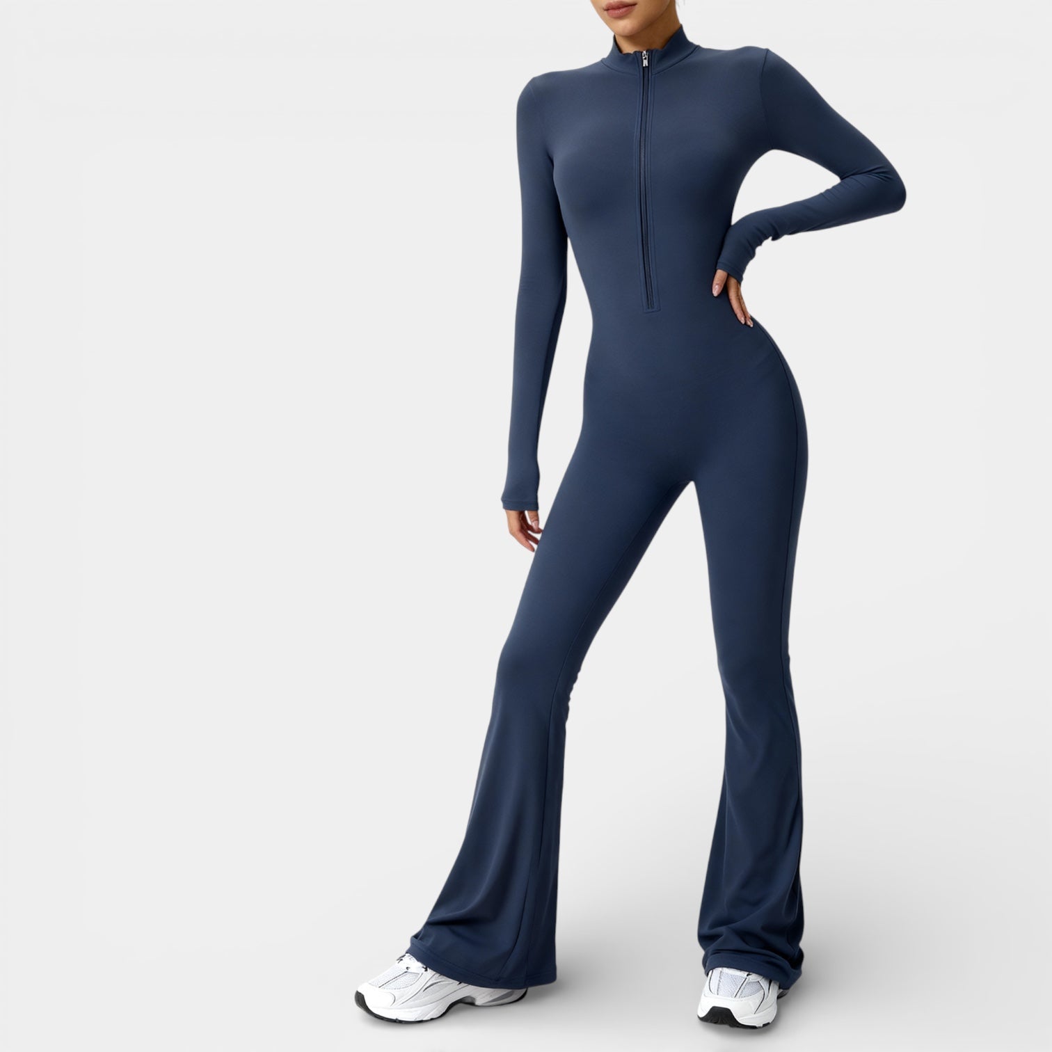 Women's Long Sleeve Zip Front Flared Jumpsuit - Sculpting Bodysuit for Casual or Dressy Occasions