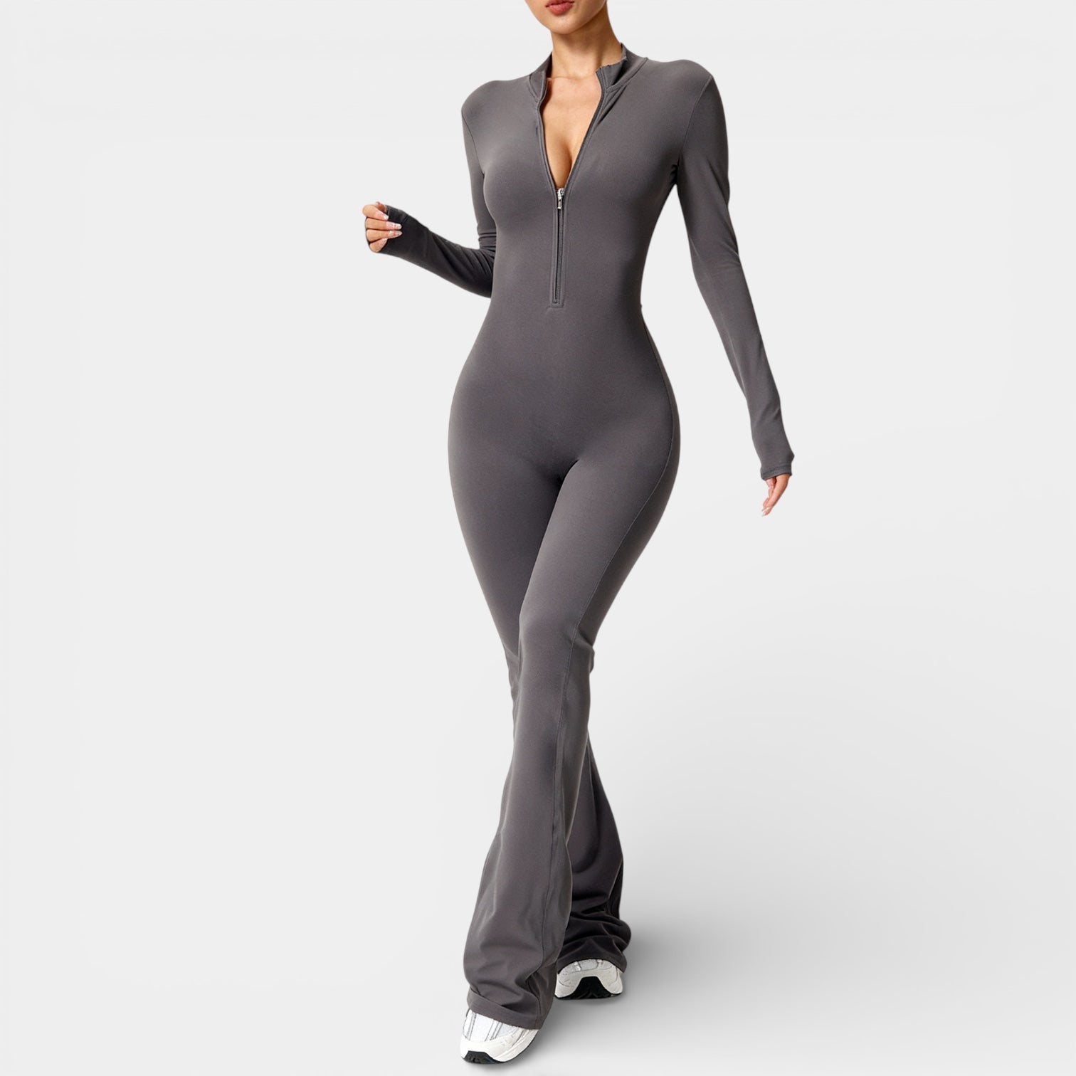 Women's Long Sleeve Zip Front Flared Jumpsuit - Sculpting Bodysuit for Casual or Dressy Occasions