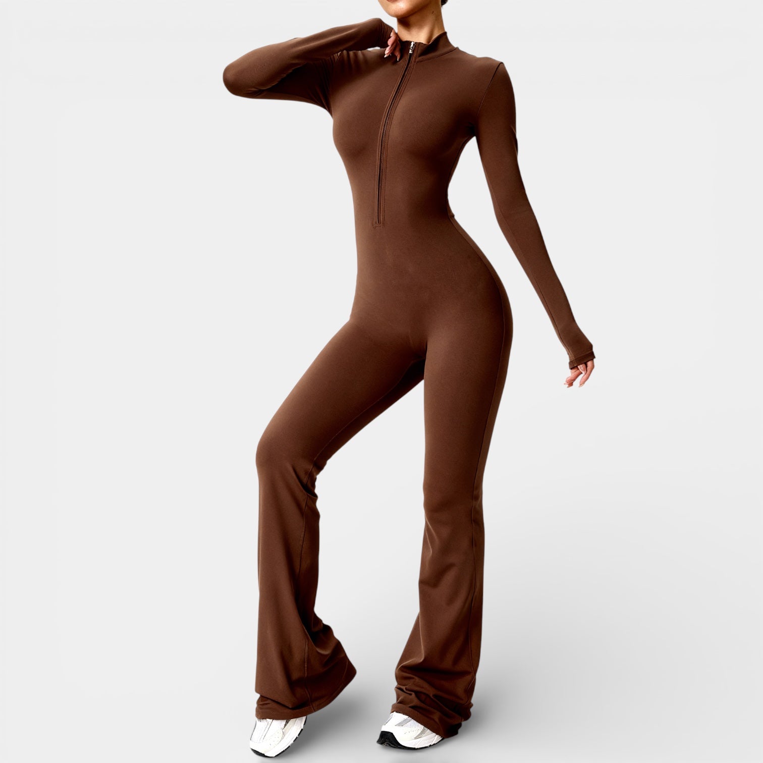 Women's Long Sleeve Zip Front Flared Jumpsuit - Sculpting Bodysuit for Casual or Dressy Occasions
