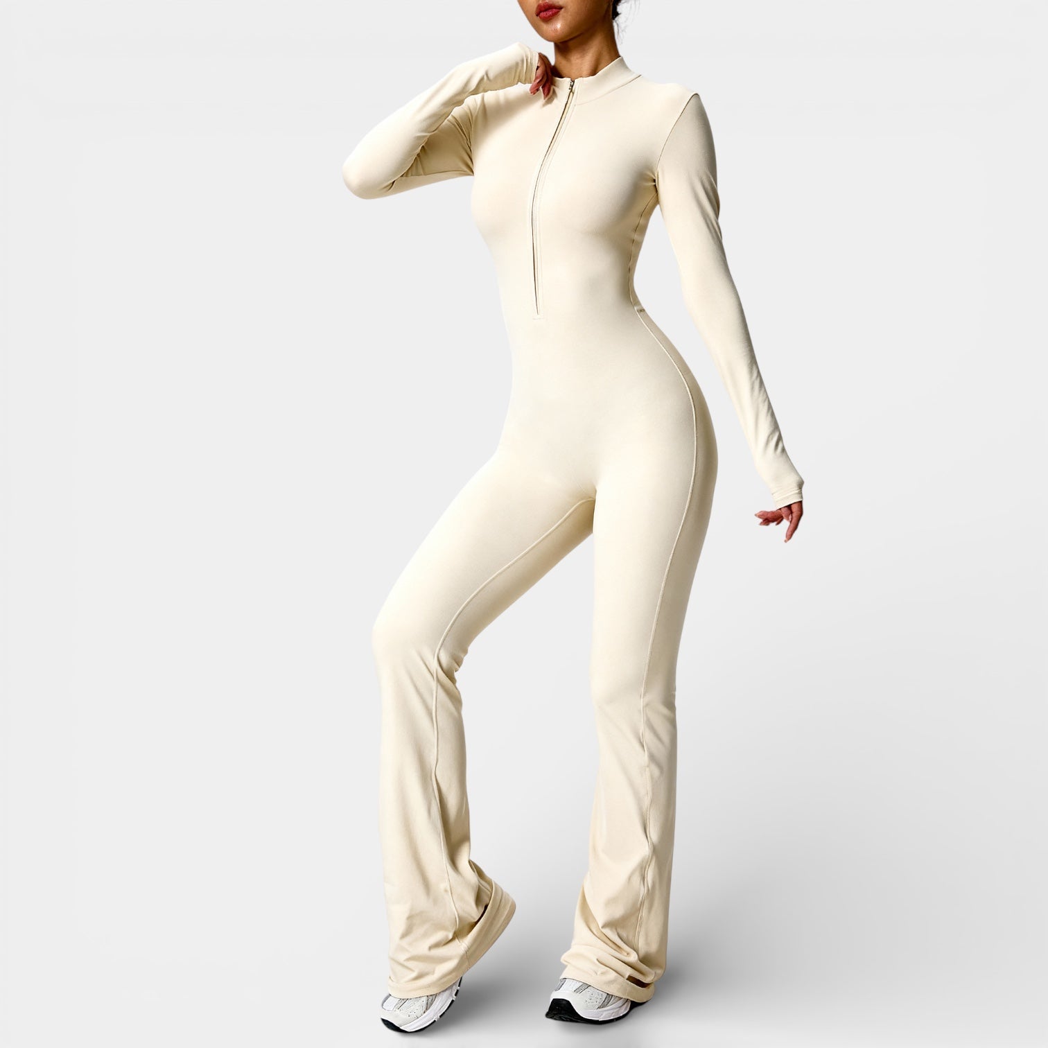 Women's Long Sleeve Zip Front Flared Jumpsuit - Sculpting Bodysuit for Casual or Dressy Occasions