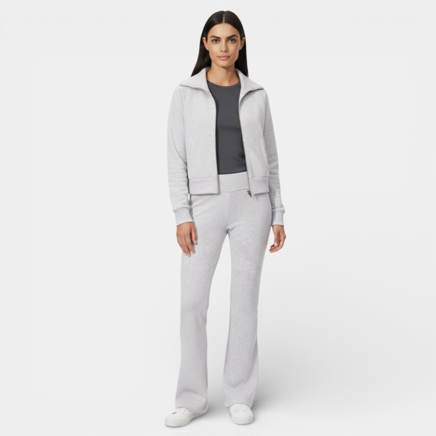 Women's Minimalist Zip-Up Lounge Set - Soft Fabric Jacket & Pants for Comfortable Home Wear or Casual Outings