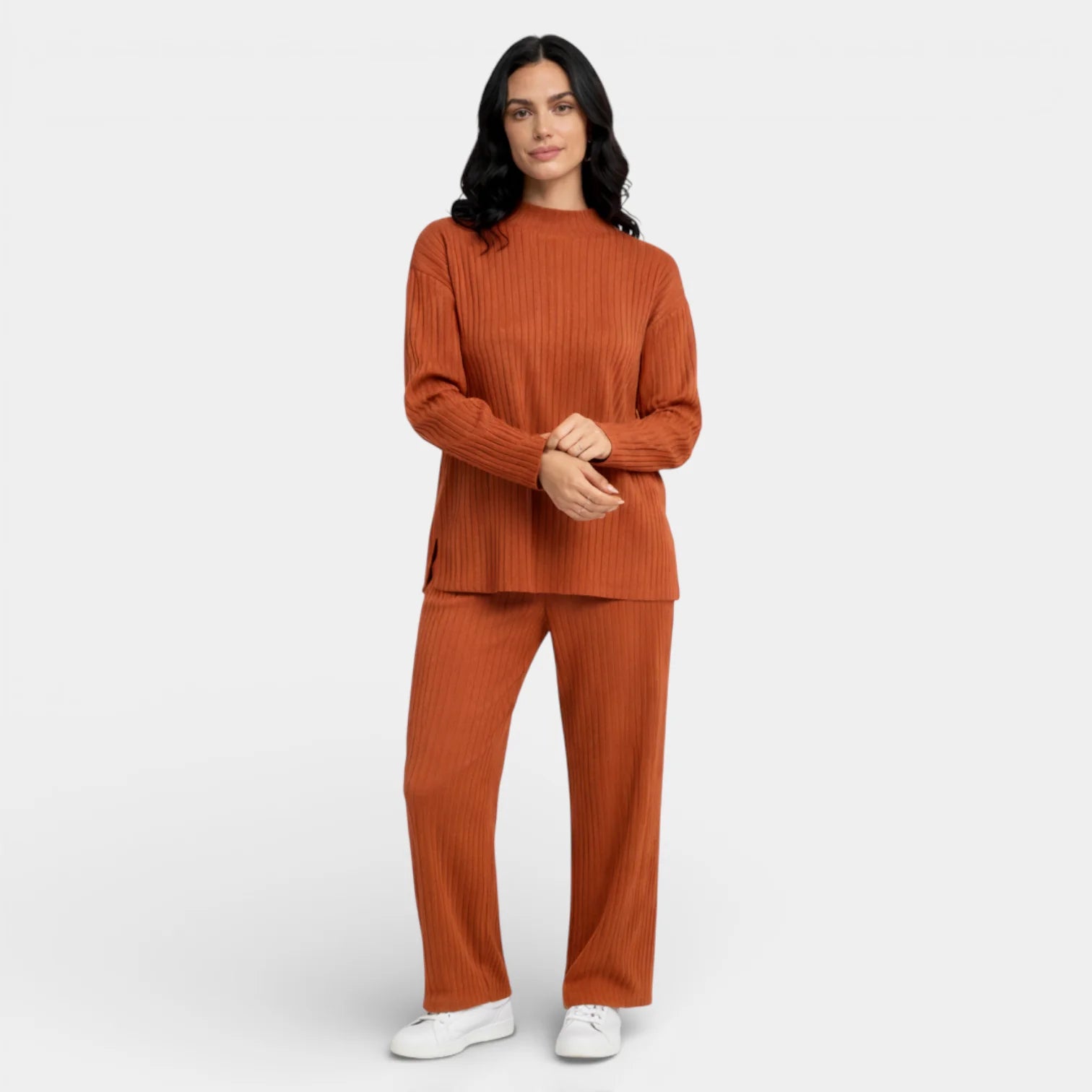 Women's Ribbed Knit Lounge Set - Long Sleeve Pullover Top & Straight Leg Joggers for Comfortable Home Wear