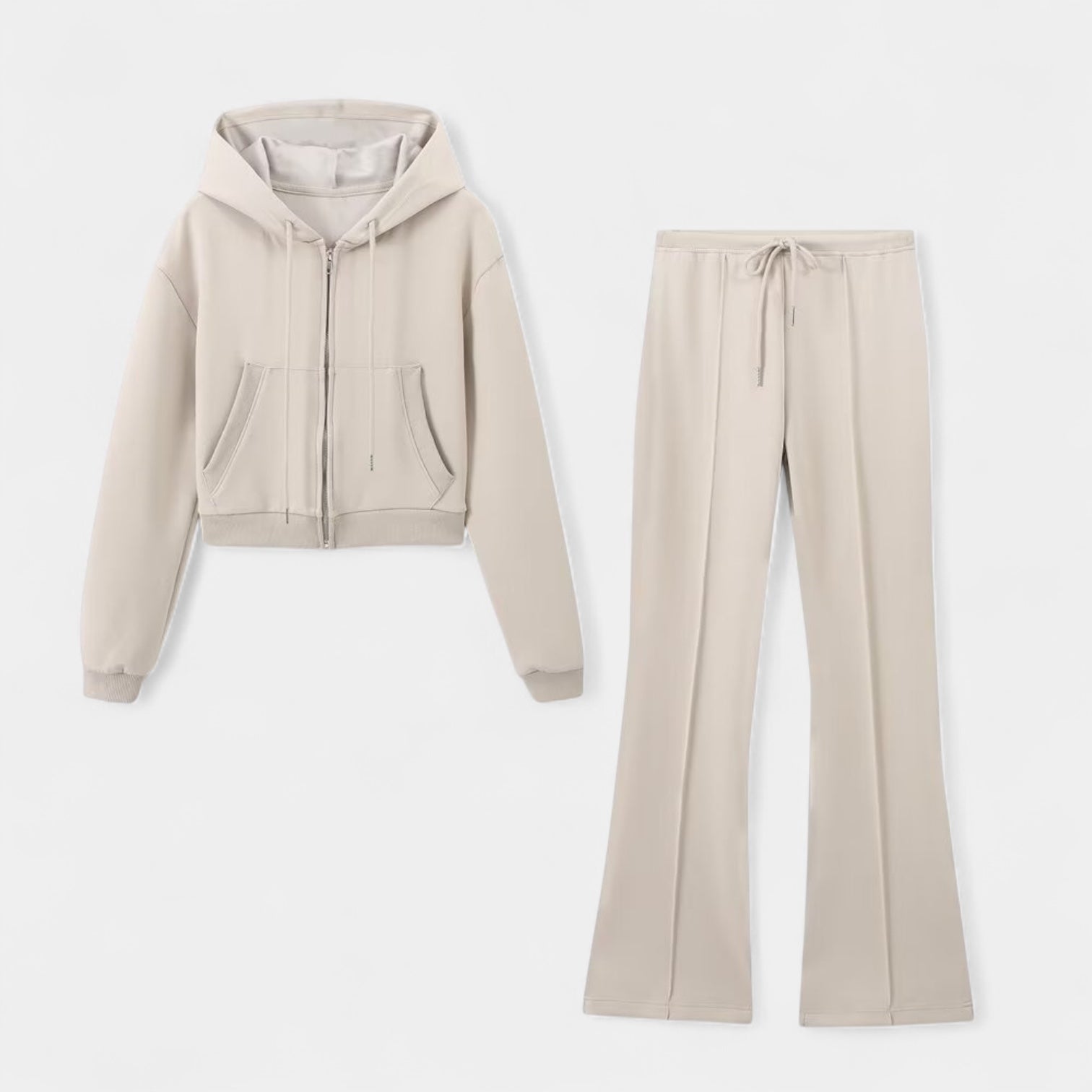 Women's Stretch Jersey Lounge Set - Zip Hoodie & Flared Trousers for Comfortable Home Wear and Relaxation