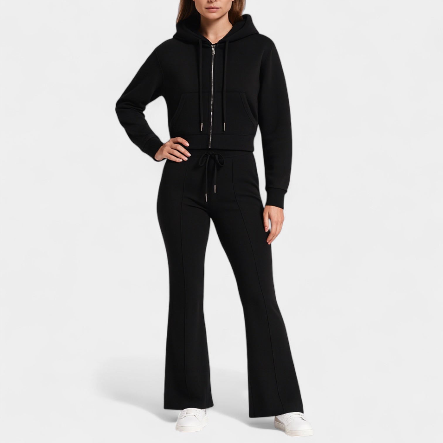 Women's Stretch Jersey Lounge Set - Zip Hoodie & Flared Trousers for Comfortable Home Wear and Relaxation