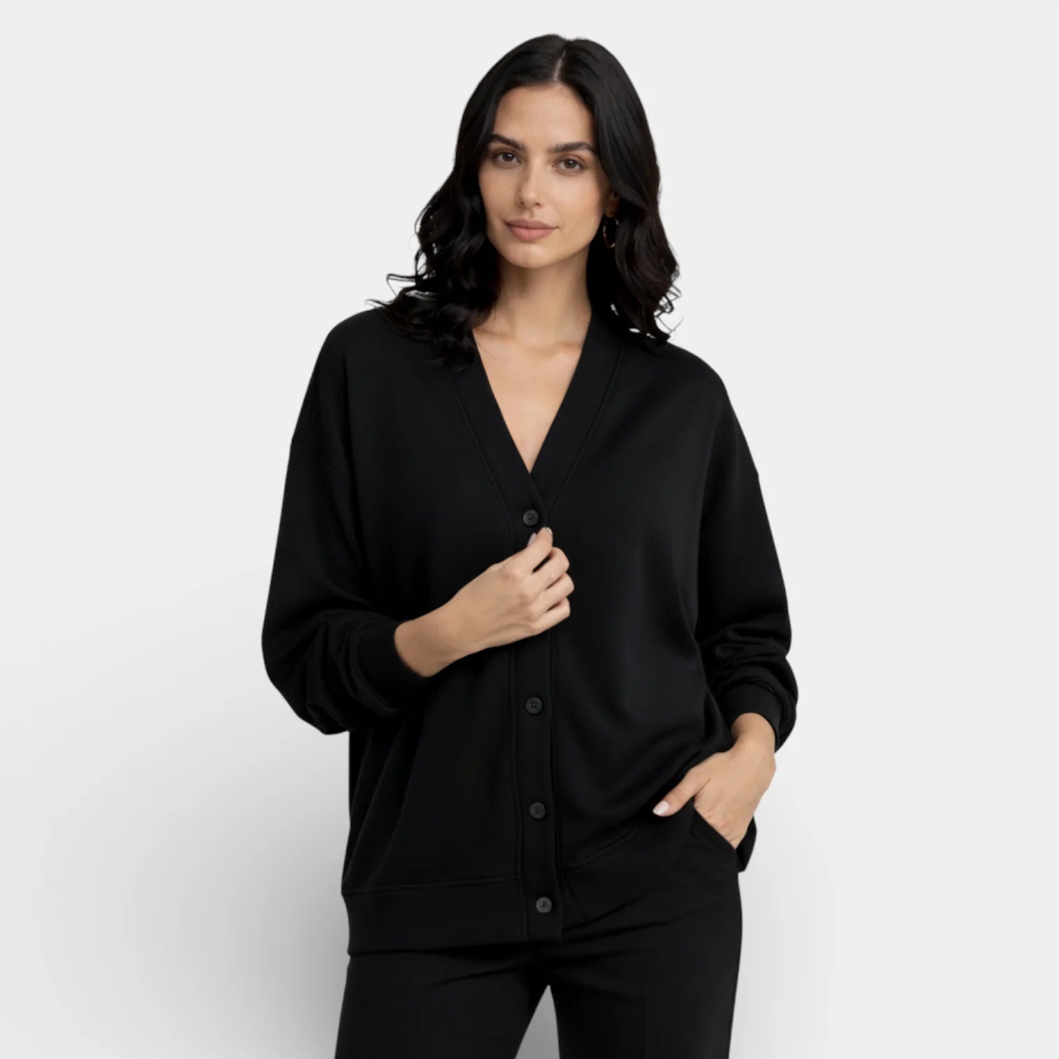 Women's V-Neck Button-Front Long Sleeve Top - Relaxed Fit Casual Shirt for Everyday Wear