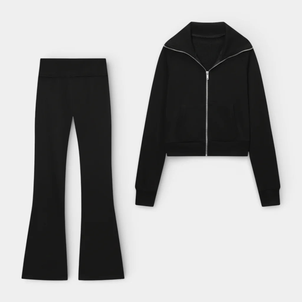 Women's Zip-Up Lounge Jacket and Flare Pants Set | Soft Fabric | Relaxed Fit | Casual Wear for Home or Outings