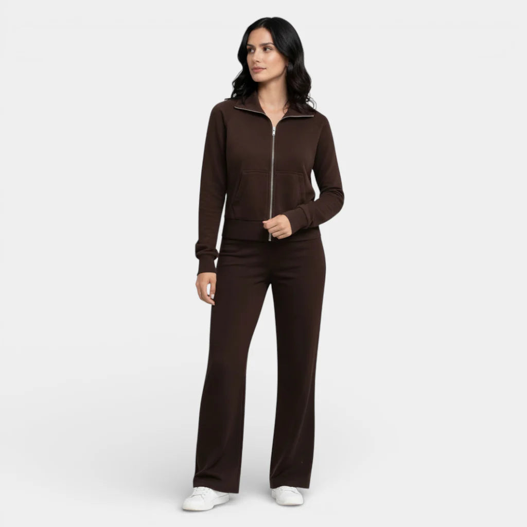 Women's Zip-Up Lounge Jacket and Flare Pants Set | Soft Fabric | Relaxed Fit | Casual Wear for Home or Outings